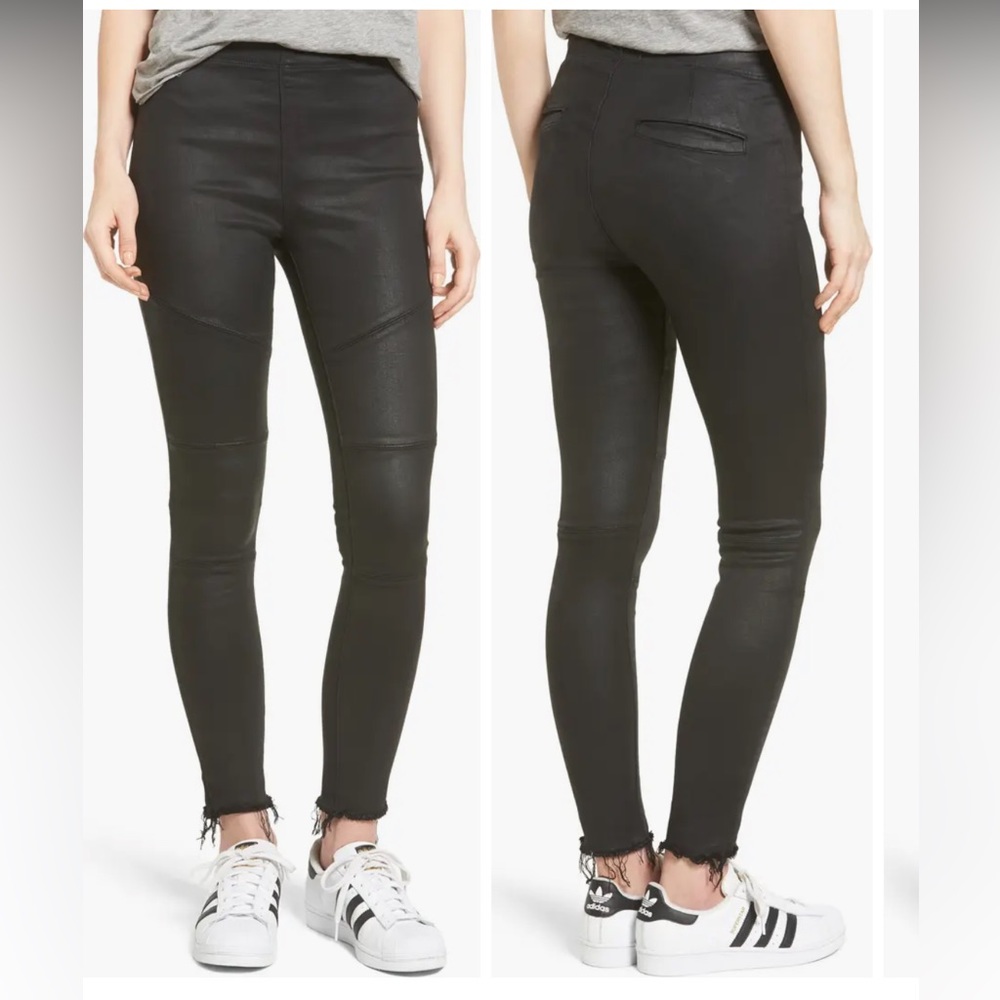 DL1961 Haven Coated Denim Leggings Asphalt Skinny Raw Edge Hem Side Zip. Size 28